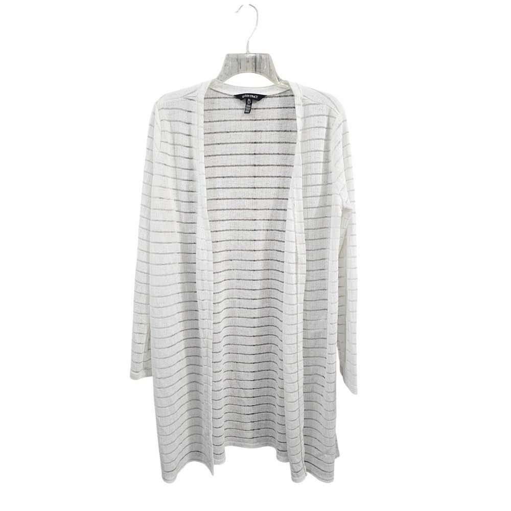 Ellen Tracy Sheer Stripe Longline Cardigan Sweater White L Lightweight Coverup‎